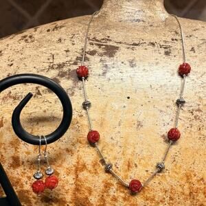Shube Necklace & Earring Set Sterling Liquid Silver w/ Red Coral Rose Beads Vint